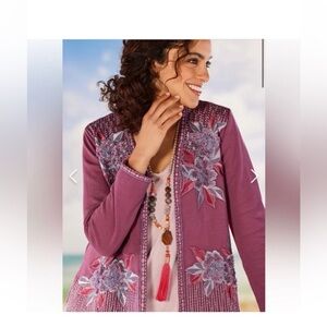 Soft Surroundings Playa Embroidered Jacket Dark Berry Beaded Floral S